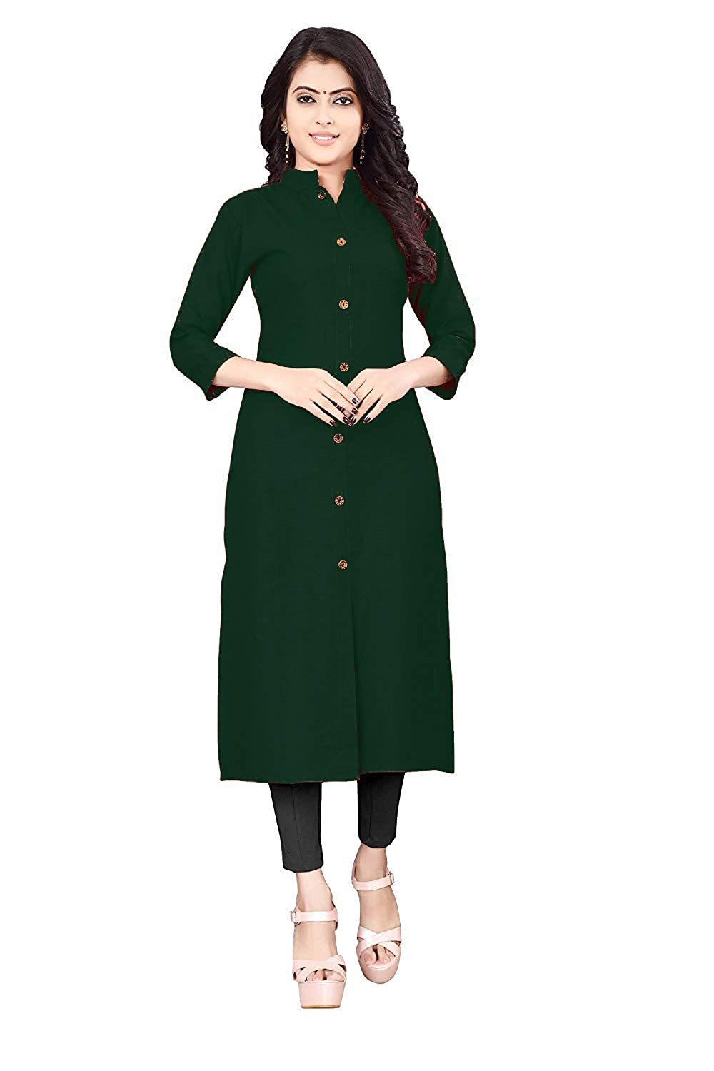 Women Cotton Solid Kurta - Length 42 Inch, Available In Pink, Green, Grey | Perfect For Casual, Wedding, Party Wear, Featuring 3-4th Sleeves, Washable And Easy Care