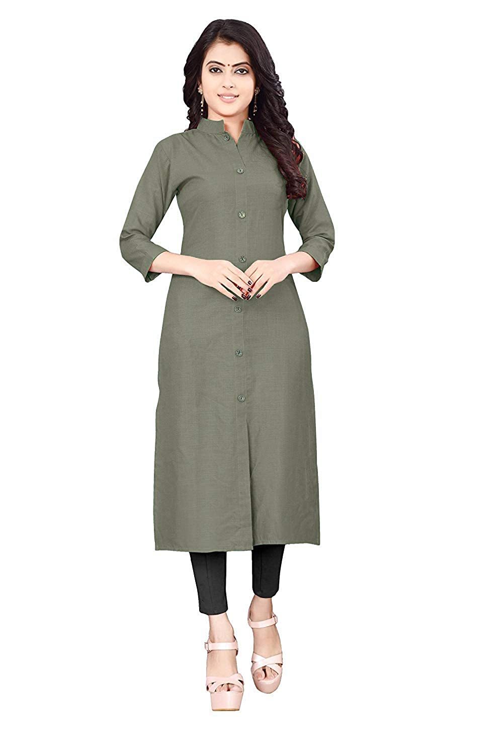 Women Cotton Solid Kurta - Length 42 Inch, Available In Pink, Green, Grey | Perfect For Casual, Wedding, Party Wear, Featuring 3-4th Sleeves, Washable And Easy Care