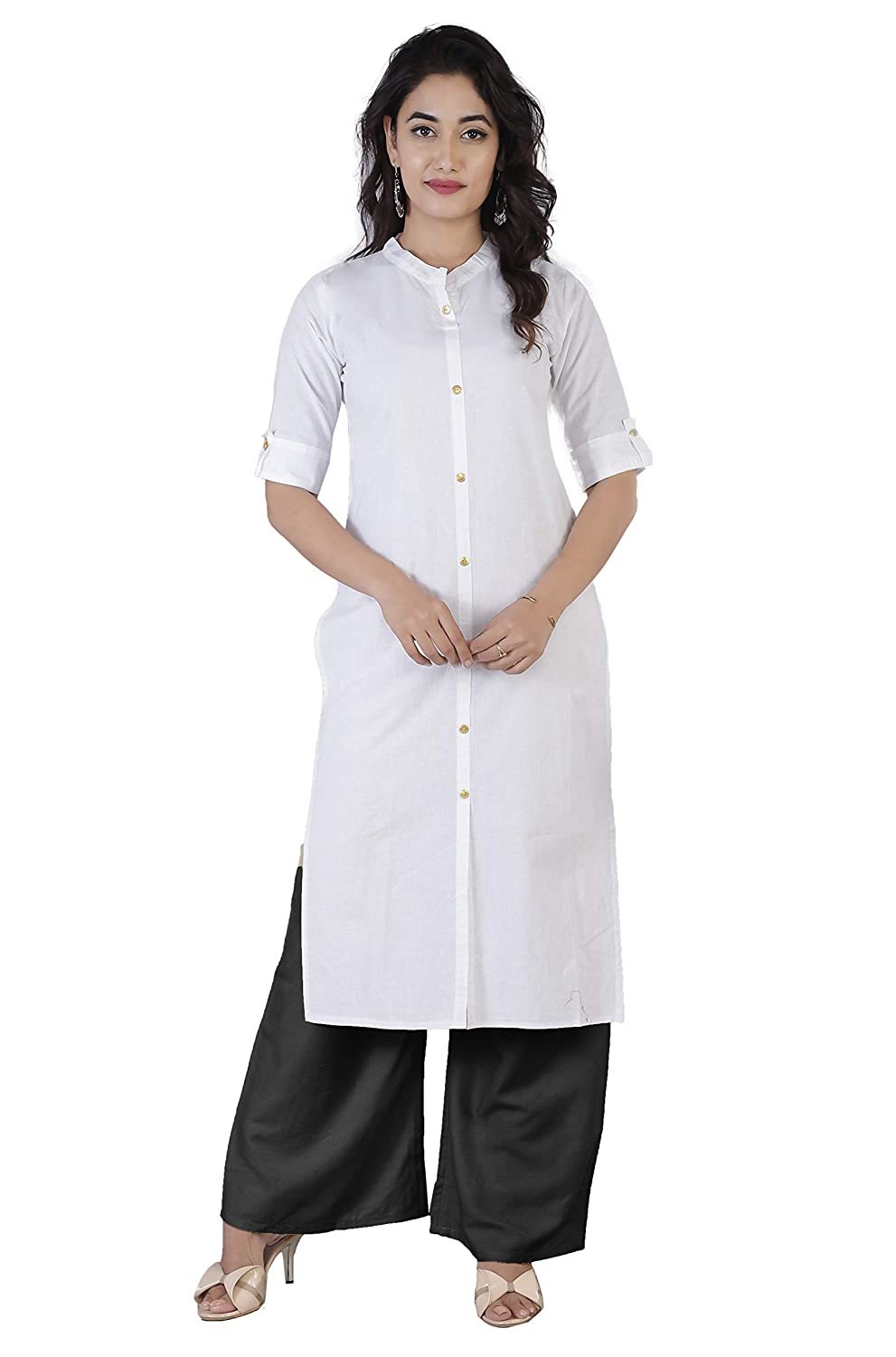 Women Cotton Solid Kurta - Cotton, 42 Inch Length, 3-4th Sleeve, Available In Brown, Green, Teal Blue, White, Sky Blue, Olive Green | Ideal For Casual, Wedding, Party Wear