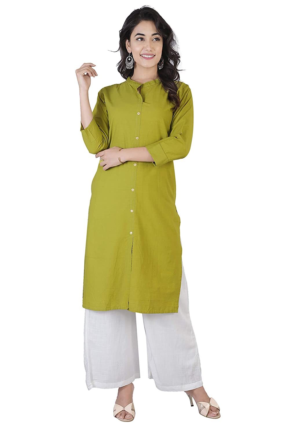 Women Cotton Solid Kurta - Cotton, 42 Inch Length, 3-4th Sleeve, Available In Brown, Green, Teal Blue, White, Sky Blue, Olive Green | Ideal For Casual, Wedding, Party Wear