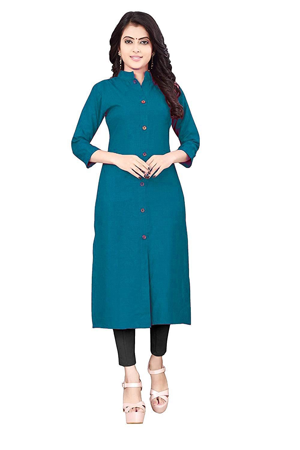 Women Cotton Solid Kurta - Cotton, 42 Inch Length, 3-4th Sleeve, Available In Brown, Green, Teal Blue, White, Sky Blue, Olive Green | Ideal For Casual, Wedding, Party Wear