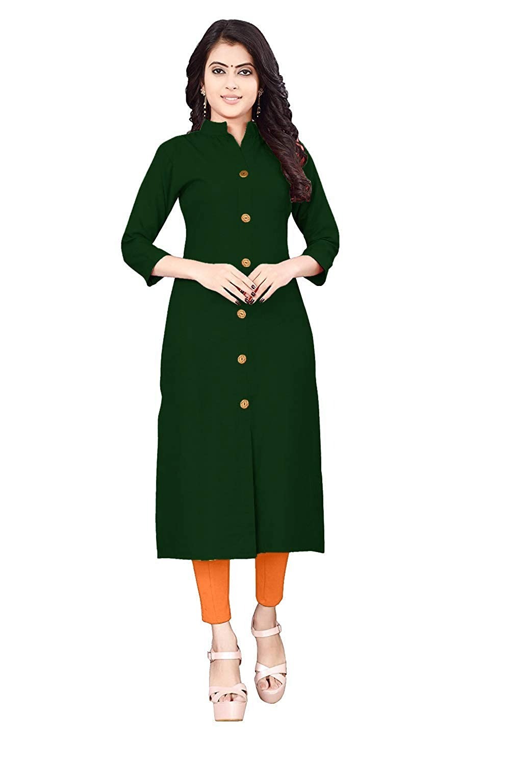 Women Cotton Solid Kurta - Cotton, 42 Inch Length, 3-4th Sleeve, Available In Brown, Green, Teal Blue, White, Sky Blue, Olive Green | Ideal For Casual, Wedding, Party Wear