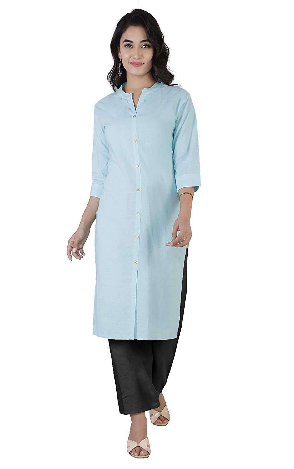 Women Cotton Solid Kurta - Cotton, 42 Inch Length, 3-4th Sleeve, Available In Brown, Green, Teal Blue, White, Sky Blue, Olive Green | Ideal For Casual, Wedding, Party Wear