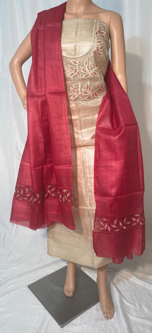 Pure Tussar Silk Cut Work Top & Dupatta Set - 2.5 Mtrs Each, Luxurious Silk Fabric, Ideal For All Seasons, Elegant Plain Design
