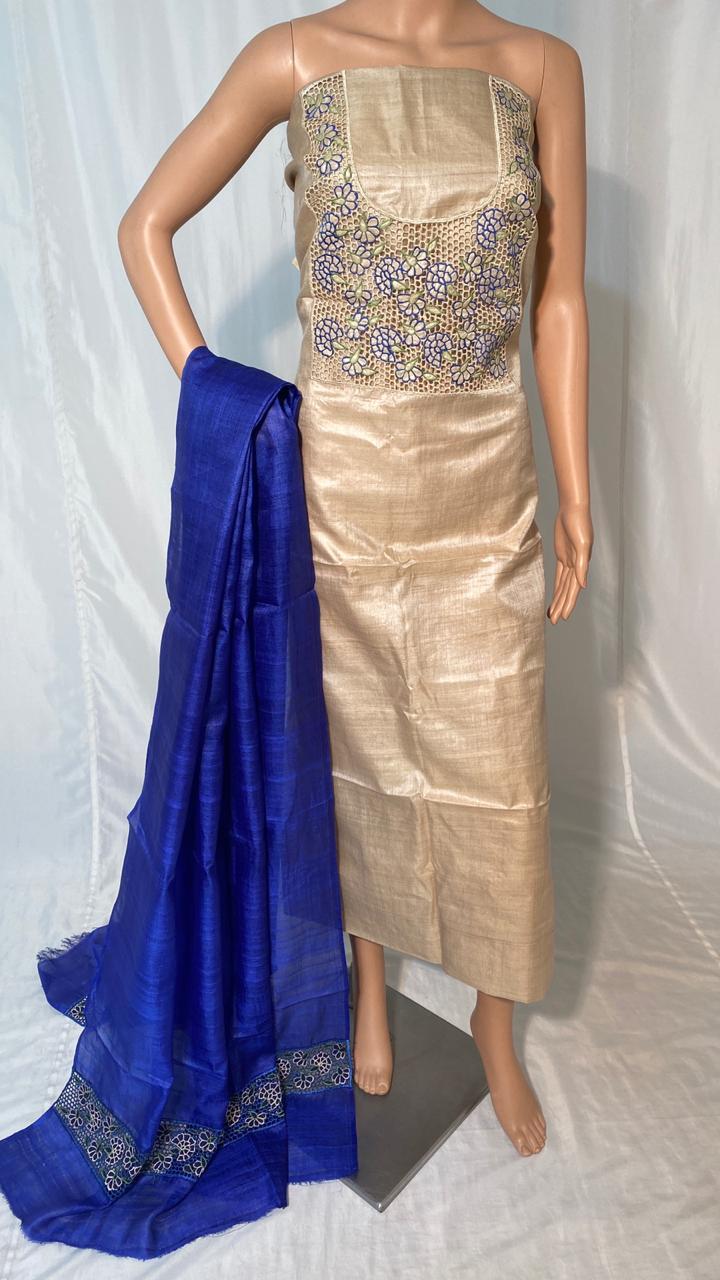 Pure Tussar Silk Cut Work Top & Dupatta Set - 2.5 Mtrs Each, Luxurious Silk Fabric, Ideal For All Seasons, Elegant Plain Design