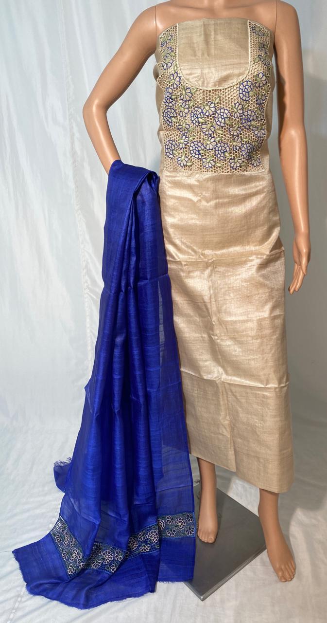 Pure Tussar Silk Cut Work Top & Dupatta Set - 2.5 Mtrs Each, Luxurious Silk Fabric, Ideal For All Seasons, Elegant Plain Design