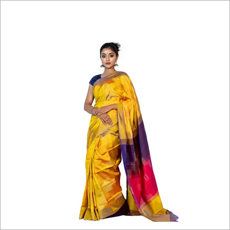 Ikkat Katan Pure Silk Saree - Handloom Self Weaving Design, Plain & Zaree Border | Festive Occasion, All Season Wear, Thread Work, Beaded Closure