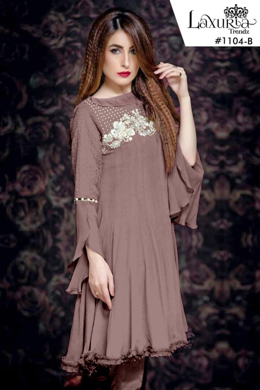 Celebrity Designer Embroidery Kurti - Fox Georgette With Santoon Inner, Multi Color | Plus Size, Heavy Embroidery, Elegant Organza Frill, Long Sleeves, Beautiful Neck & Sleeve Design