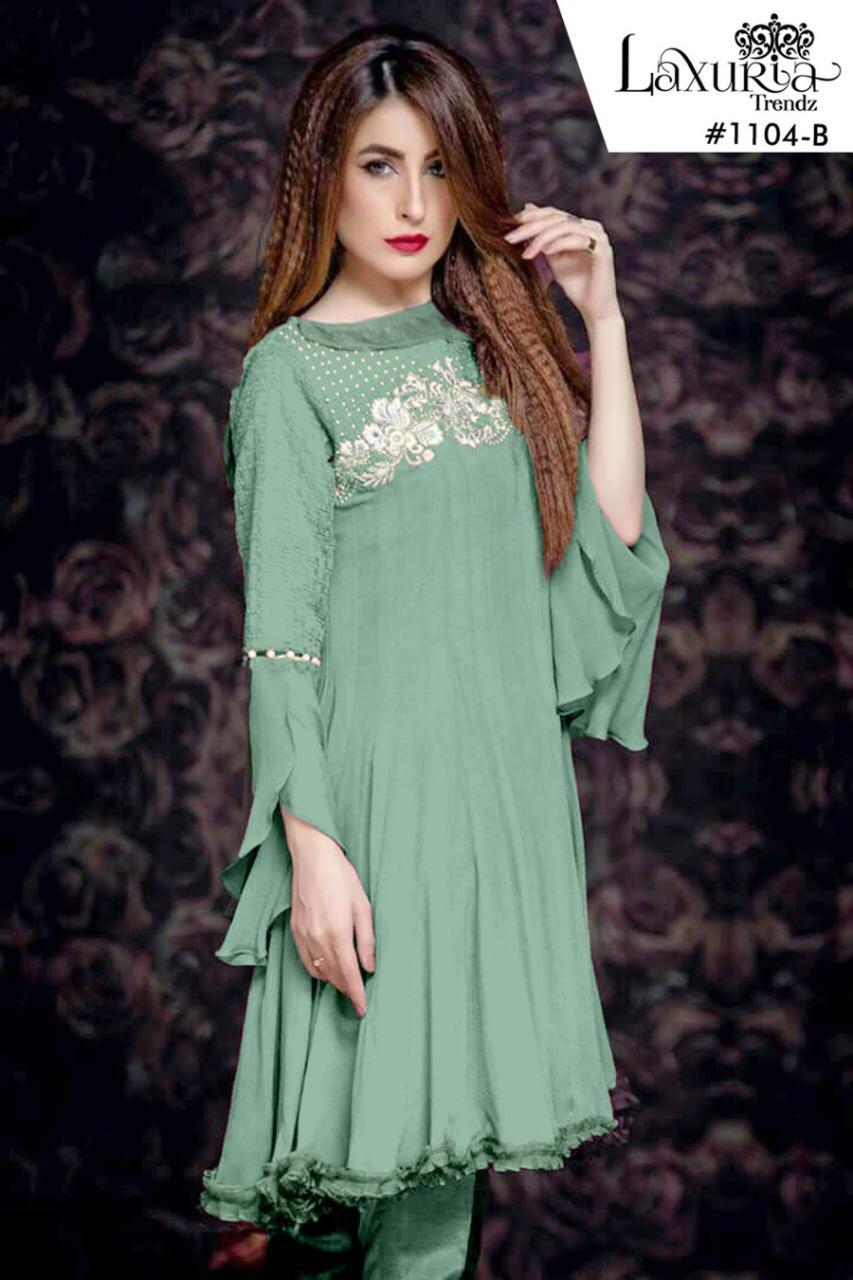 Celebrity Designer Embroidery Kurti - Fox Georgette With Santoon Inner, Multi Color | Plus Size, Heavy Embroidery, Elegant Organza Frill, Long Sleeves, Beautiful Neck & Sleeve Design