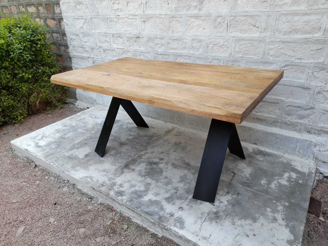 Iron And Wooden Dining Table - Mango Wood 180x90x80 Cm, Black Powder Coated Iron Frame, Durable And Eco-friendly Design, Easy To Clean And Foldable For Storage