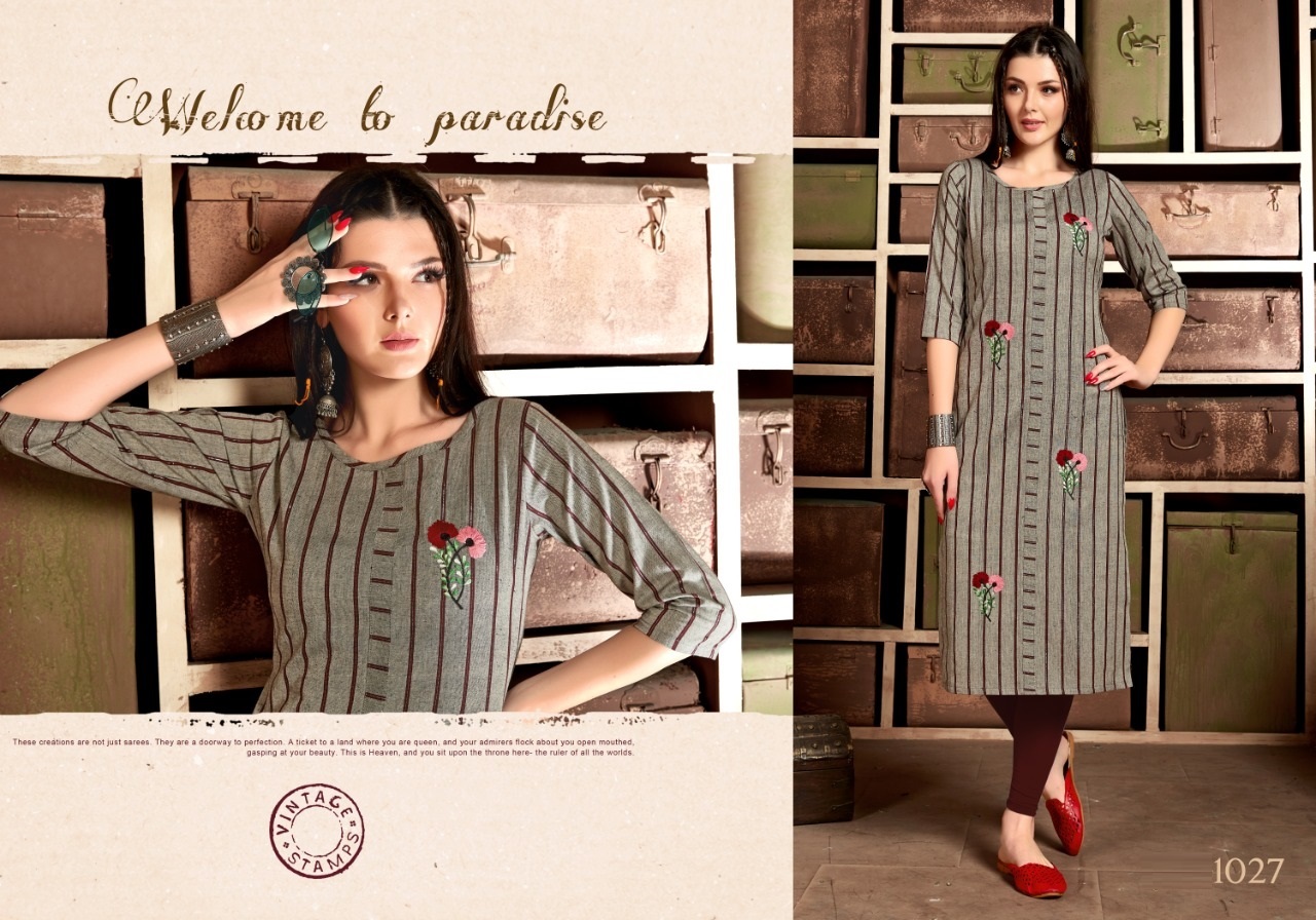 Straight Kurtis - Pure Cotton With Jari Stripe And Hand Embroidery Work Fully Stitched In Sizes M-38 L-40 Xl-42 Xxl-44 3-4th Sleeve Style Ethnic Pattern Ideal For All Seasons