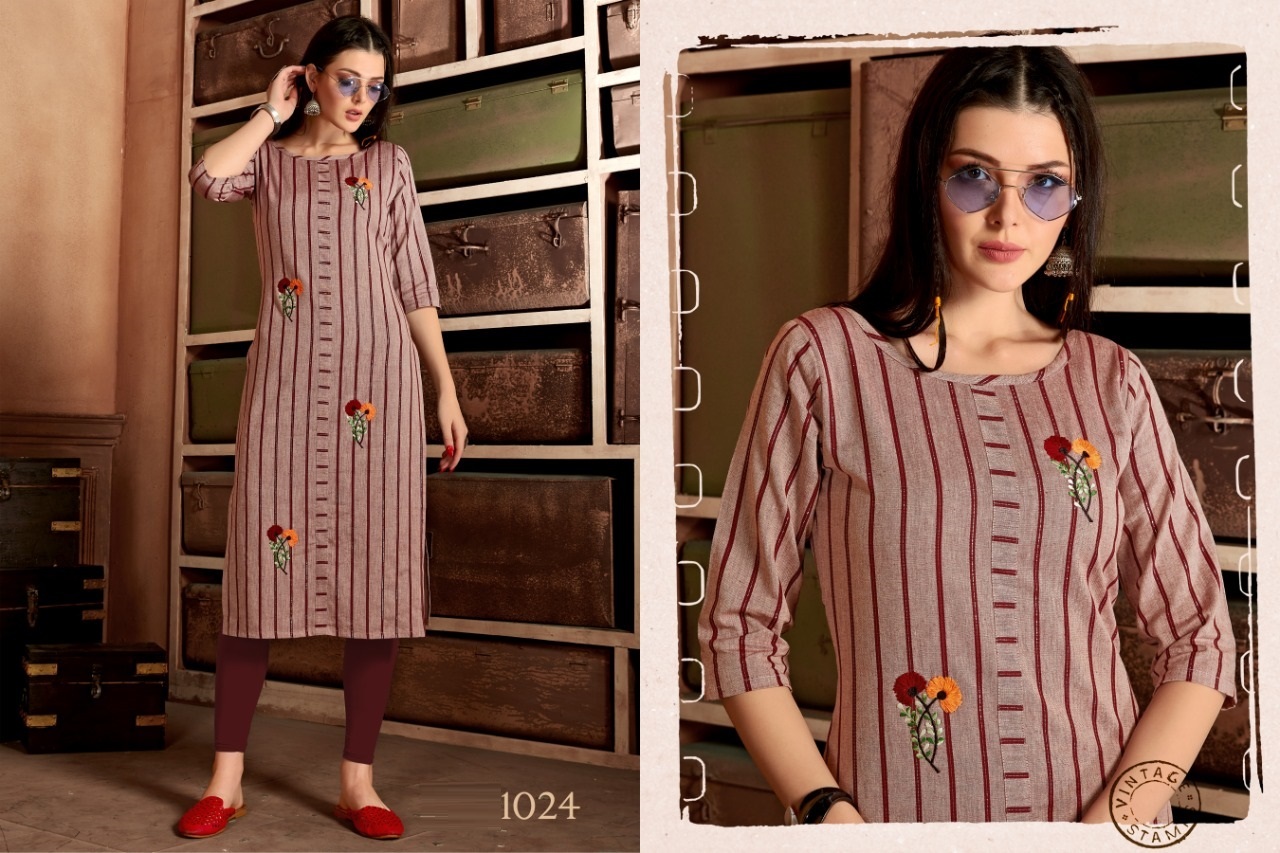 Straight Kurtis - Pure Cotton With Jari Stripe And Hand Embroidery Work Fully Stitched In Sizes M-38 L-40 Xl-42 Xxl-44 3-4th Sleeve Style Ethnic Pattern Ideal For All Seasons