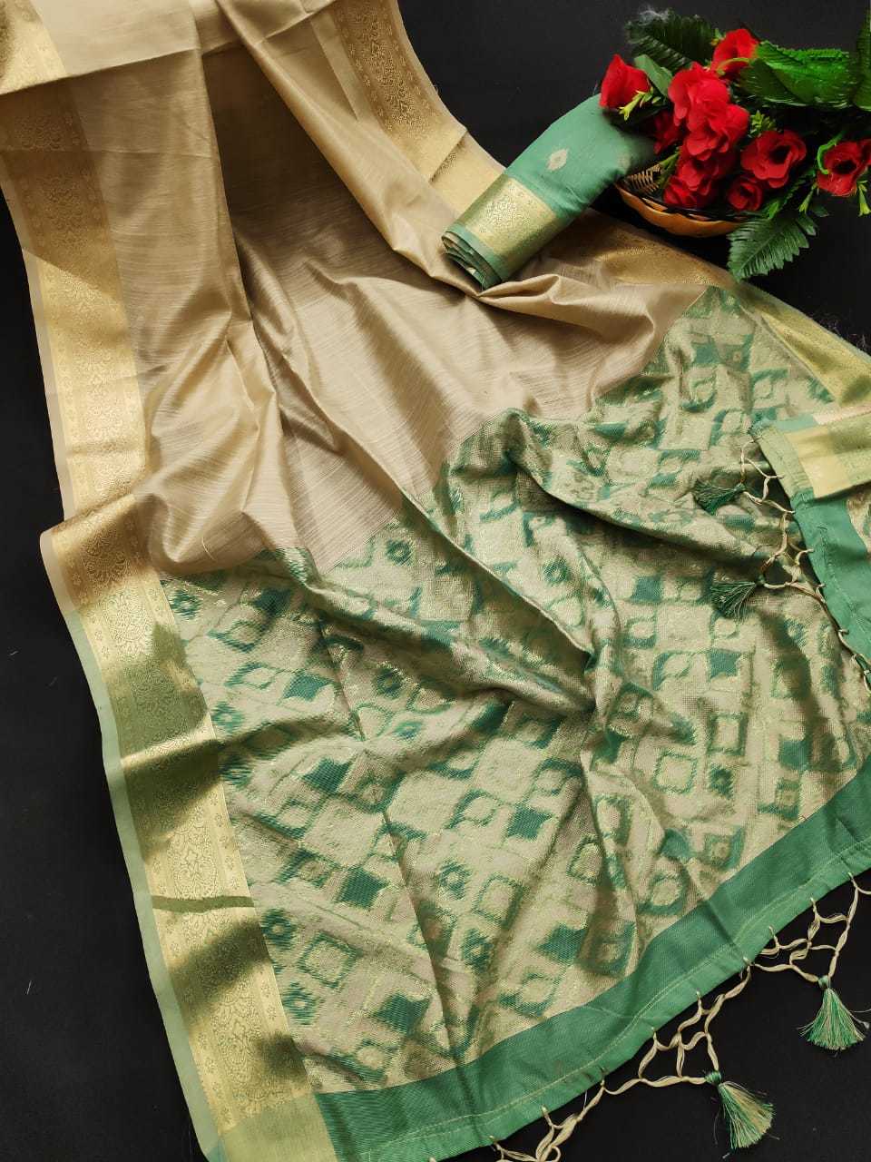 Matka Silk Saree - Contrast Ikkat Woven Zari Pallu, Premium Quality Silk, Ethnic Occasion Wear, Zari Woven Border