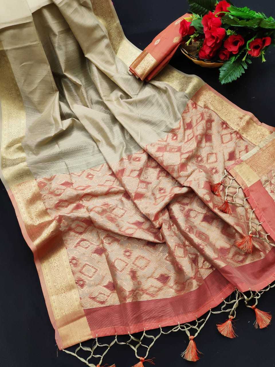 Matka Silk Saree - Contrast Ikkat Woven Zari Pallu, Premium Quality Silk, Ethnic Occasion Wear, Zari Woven Border