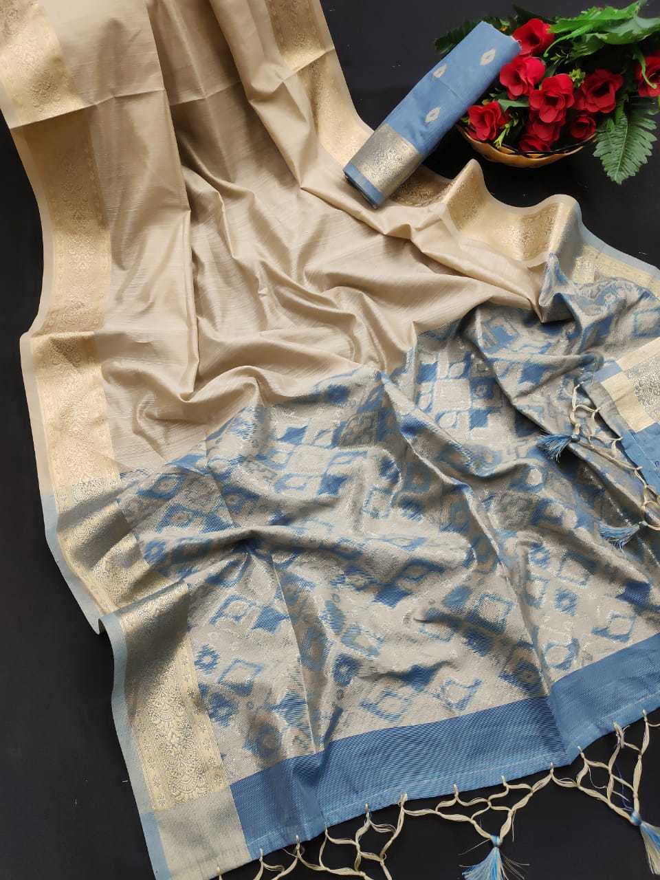 Matka Silk Saree - Contrast Ikkat Woven Zari Pallu, Premium Quality Silk, Ethnic Occasion Wear, Zari Woven Border