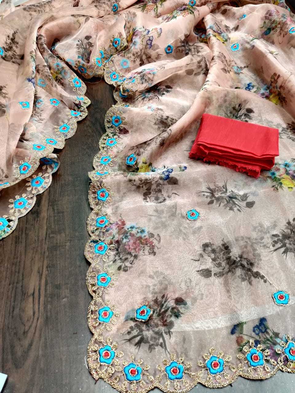 Silk Organza Printed With Coding Embroidery Work Sarees