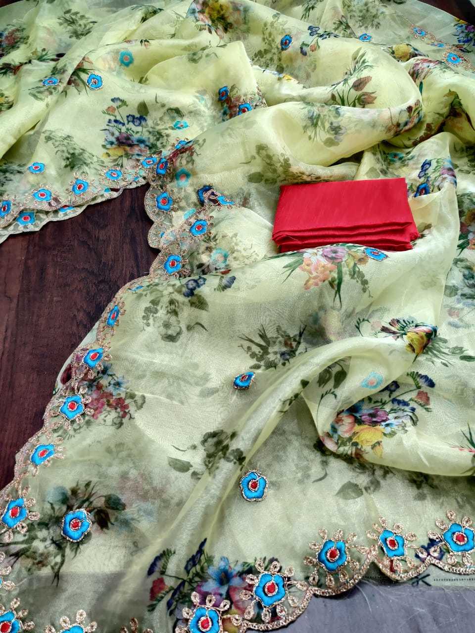 Silk Organza Printed With Coding Embroidery Work Sarees