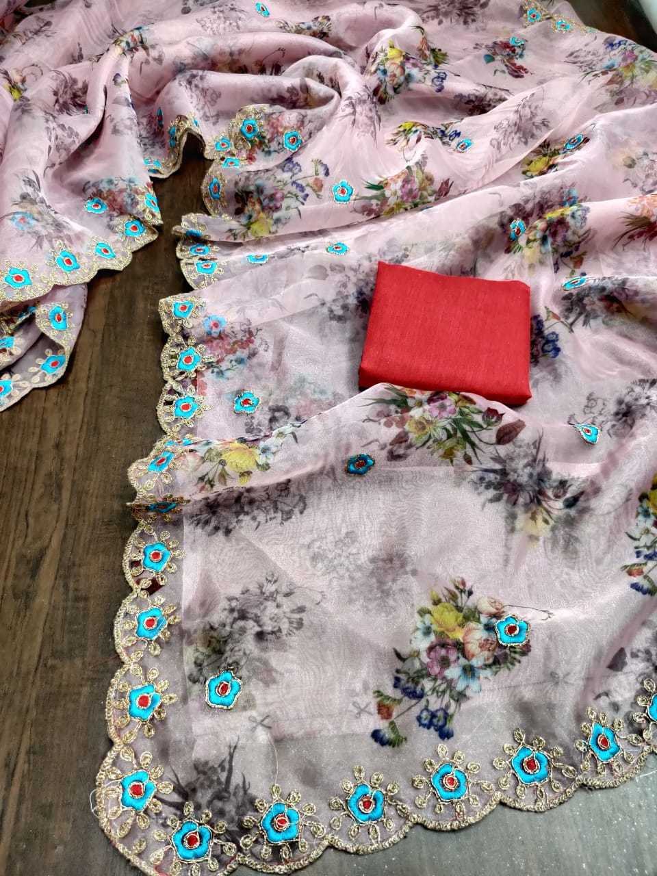 Silk Organza Printed With Coding Embroidery Work Sarees