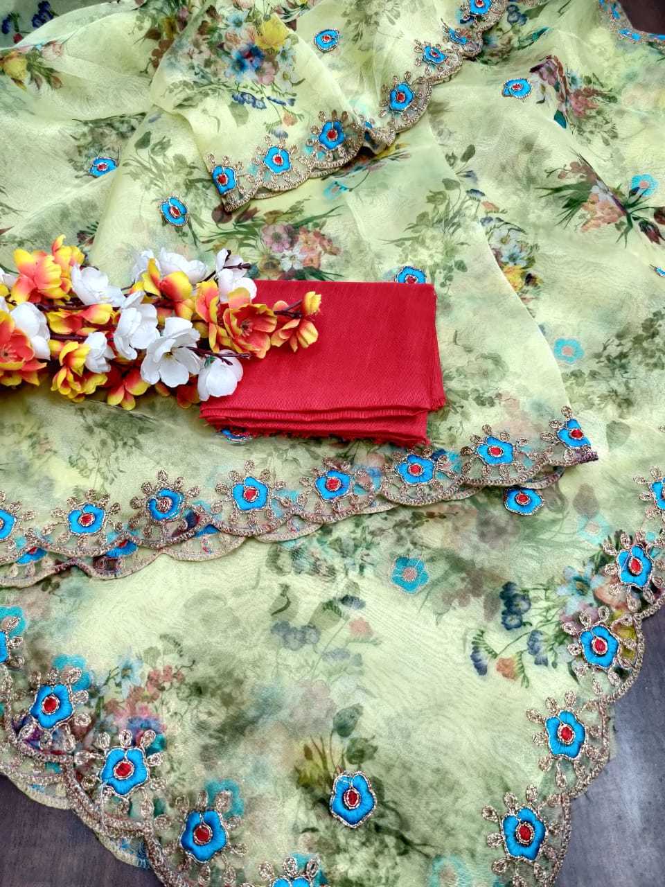 Silk Organza Printed With Coding Embroidery Work Sarees