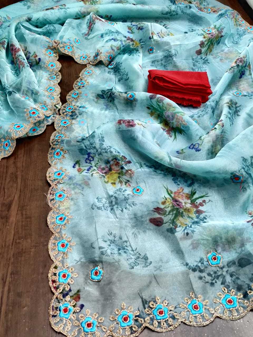 Silk Organza Printed With Coding Embroidery Work Sarees