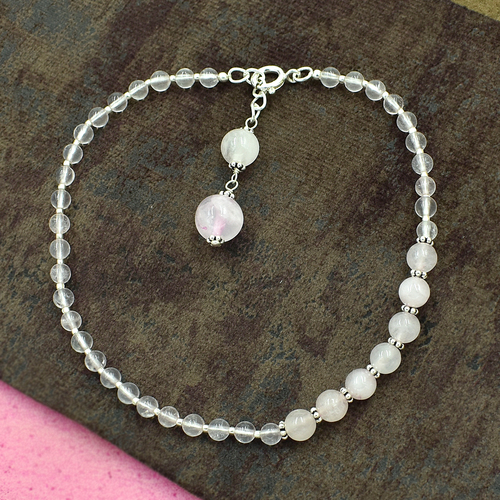 Mz At-20063 नेचुरल रोज़ क्वार्ट्ज़ जेमस्टोन एंकलेट 925 स्टर्लिंग सिल्वर बीडेड एंकलेट महिलाओं और लड़कियों के लिए