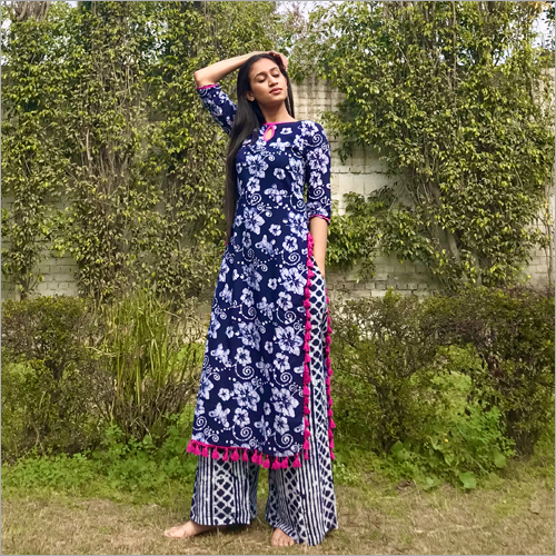 Blue Ladies Fancy Navy White Ethnic Suit