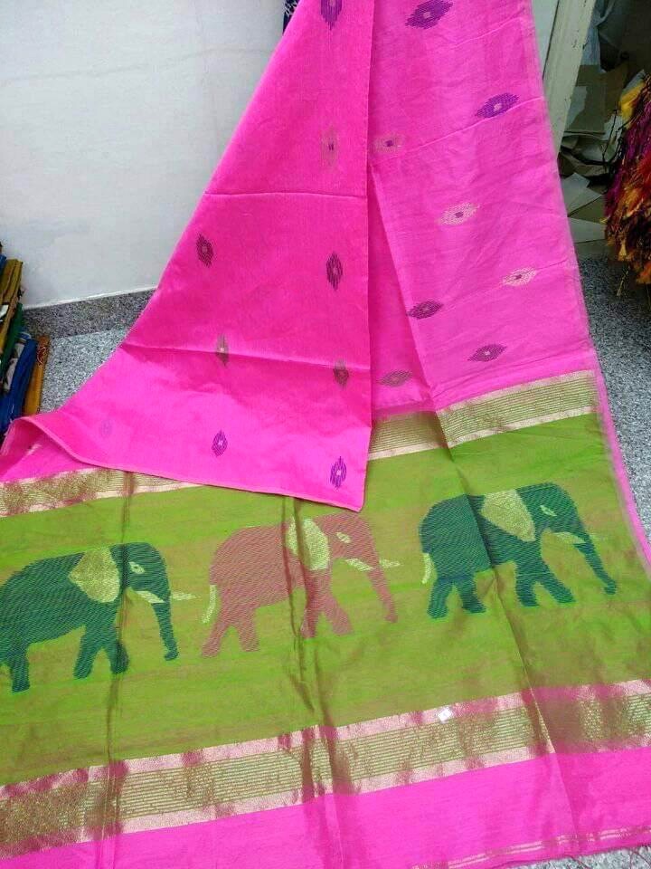 White. Cotton Silk Elephant Saree