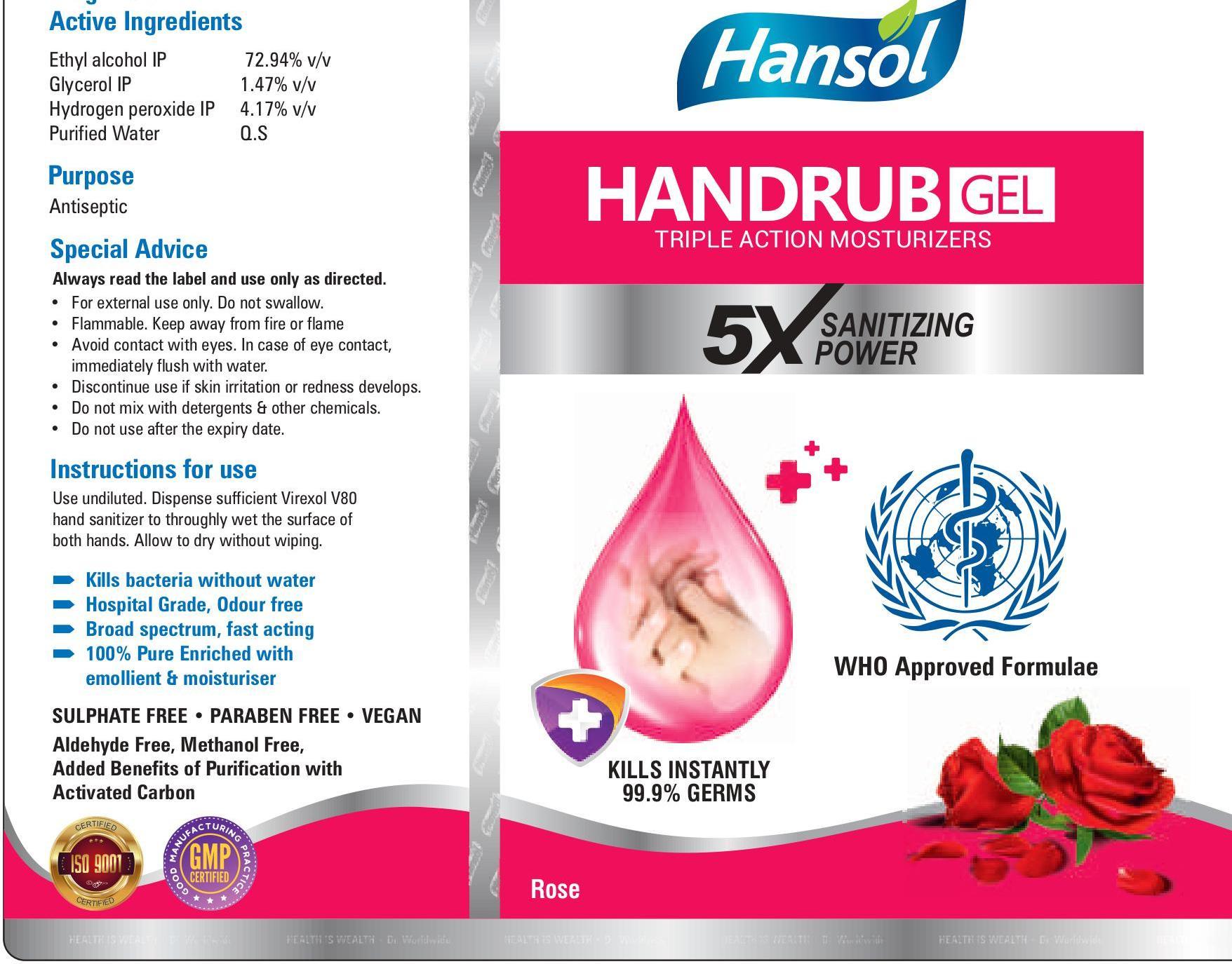 Hansol Rose Liquid Hand Sanitizer - Ethanol 72.94% V/v, 500 Ml , Kills Bacteria Without Water, Fast Acting, Rose Water Fragrance