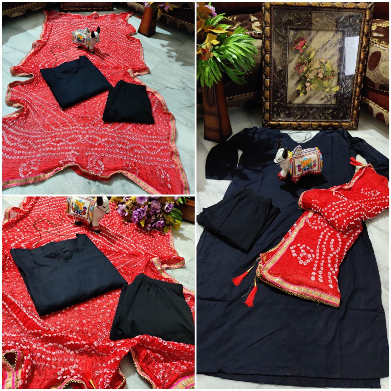 Multi Reyon Kurti With Leggings With Bandhej Dupatta