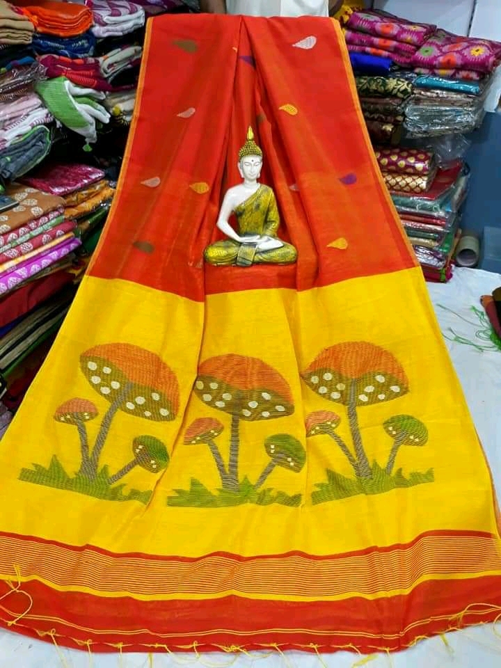 Mushroom Saree - Cotton Silk 6.5m, Green | Bangali Style, Woven Pattern, Lightweight, Handloom Craftsmanship, Includes Blouse Piece