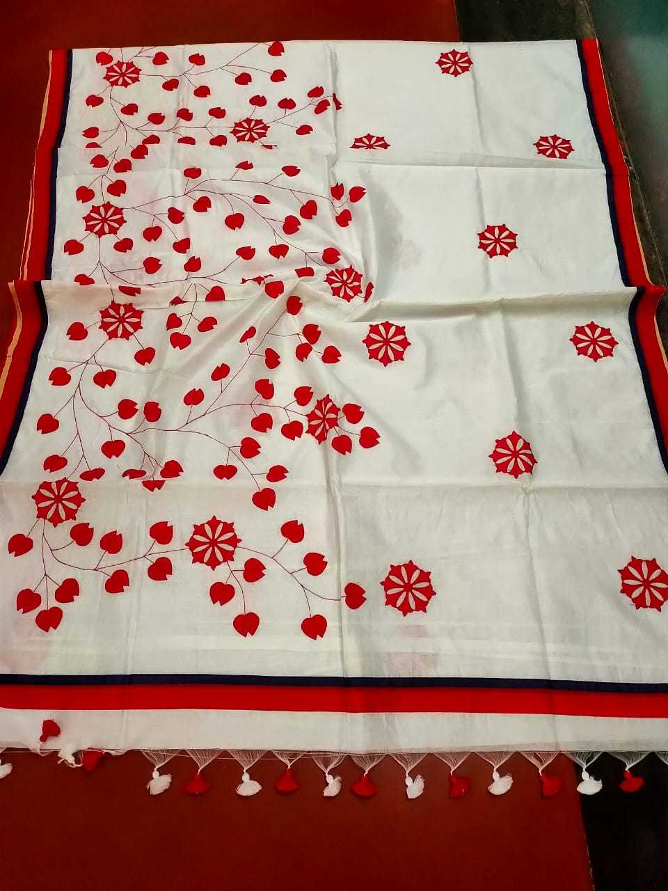 Applique Cotton Silk Saree - Multi Colour Cotton Silk Fabric Woven Pattern | Stylish Bangali Party Wear Elegance