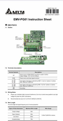 Encoder Feed Back 5V and 12 V PG Card for Delta VE Series AC Drives