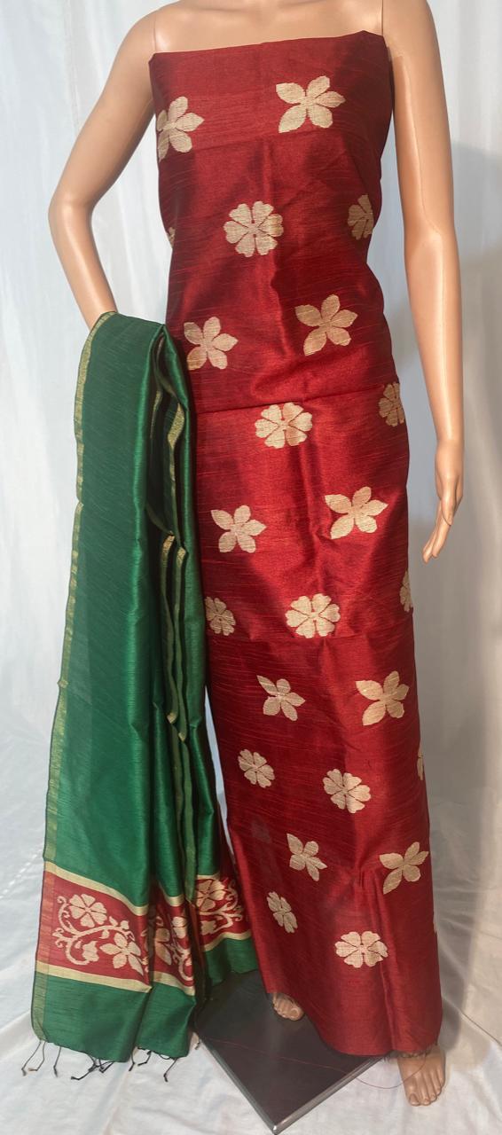 Beautiful Poly Dupion Raw Silk Kurti 2.5 Mtrs Dupatta 2.5 Mtrs (No Bottom) - Pure Tissue Tussar Silk Plain Saree, Running Blouse | Traditional Indian Ethnic Wear For All Seasons