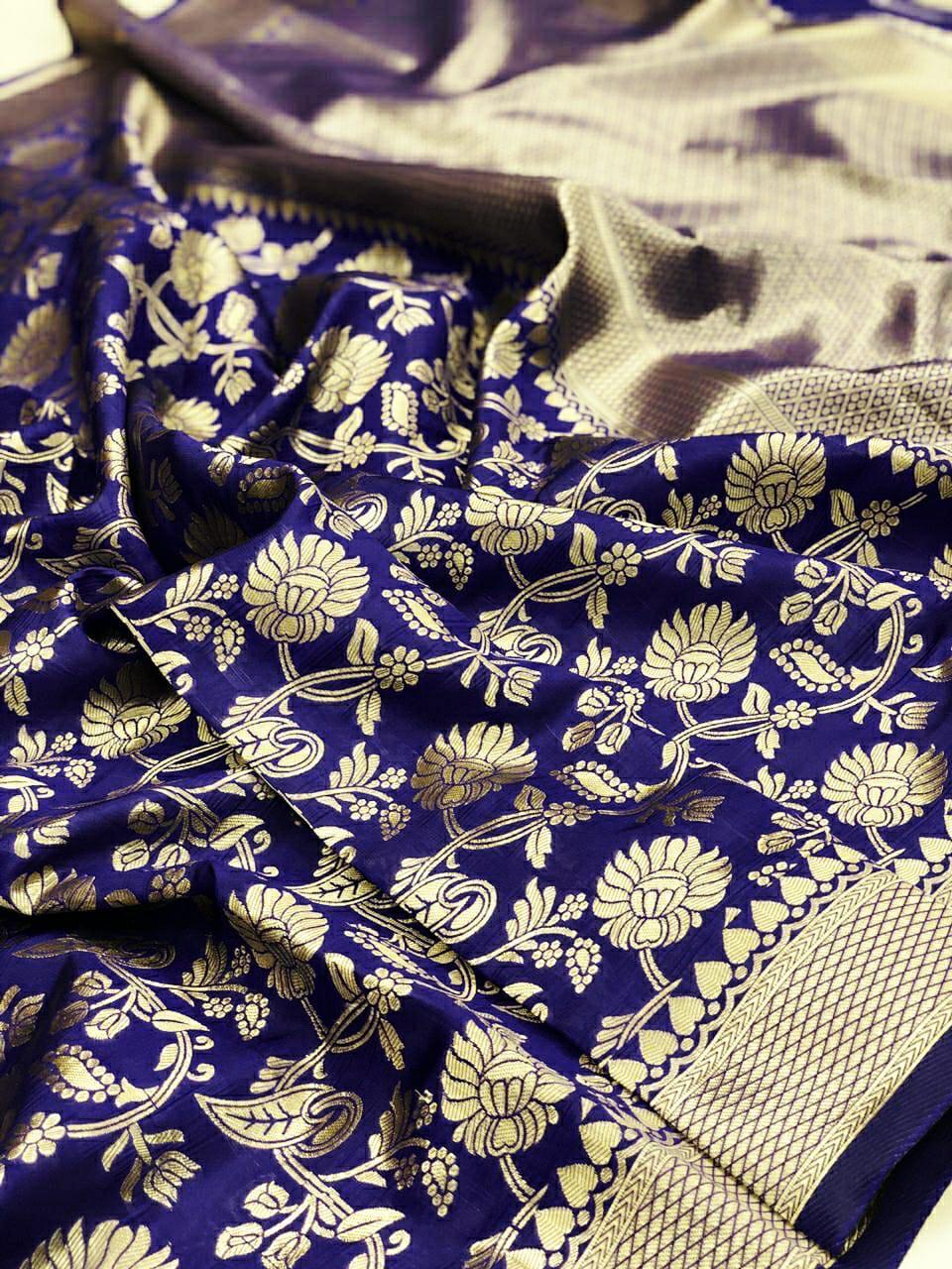 Designer Silk Banarasi Saree - 5.50 Meters, Navy Blue With Rich Pallu & Jacquard Blouse | Traditional Elegance For Every Mood, Multi-season Versatility