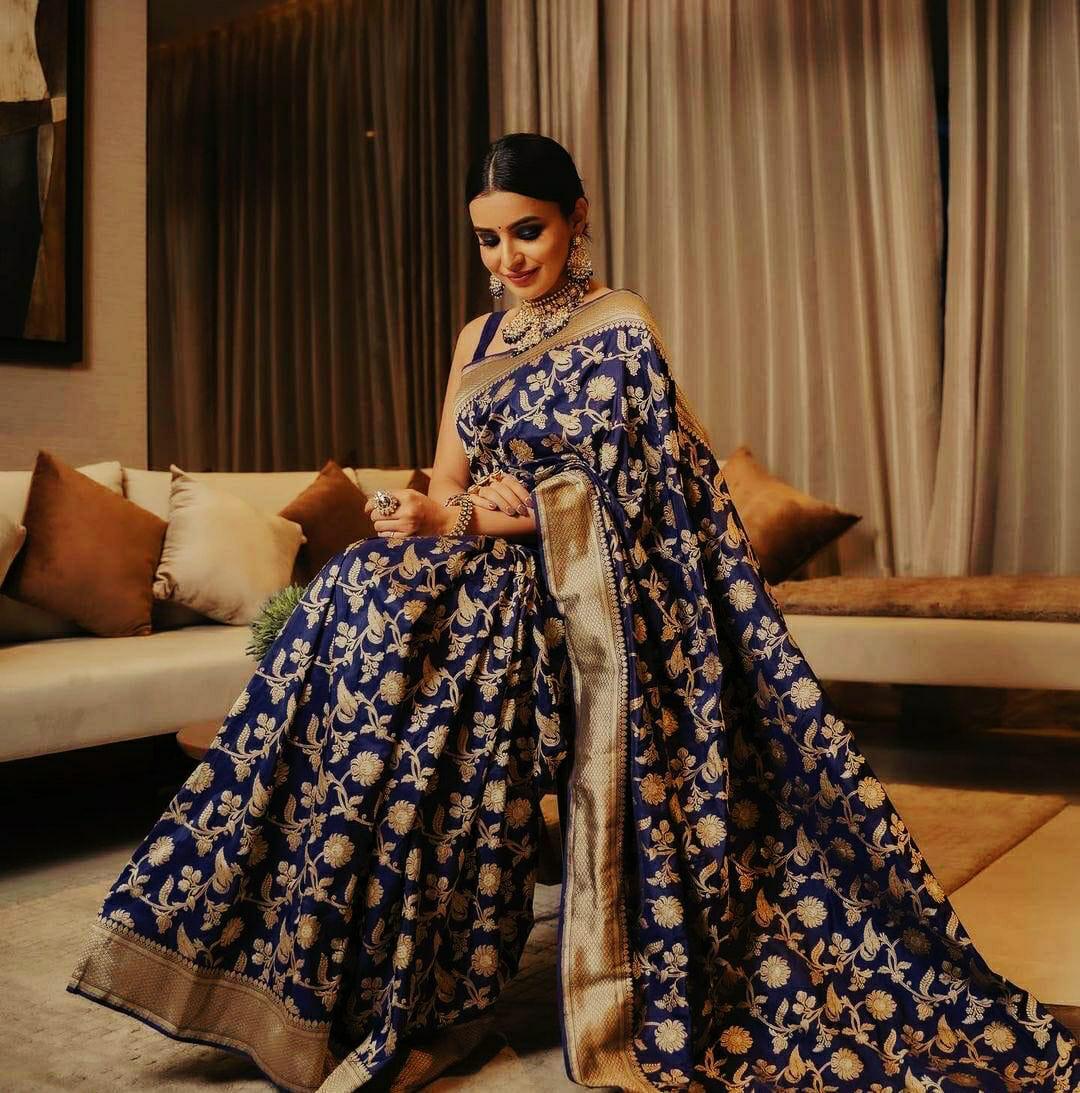 Designer Silk Banarasi Saree - 5.50 Meters, Navy Blue With Rich Pallu & Jacquard Blouse | Traditional Elegance For Every Mood, Multi-season Versatility