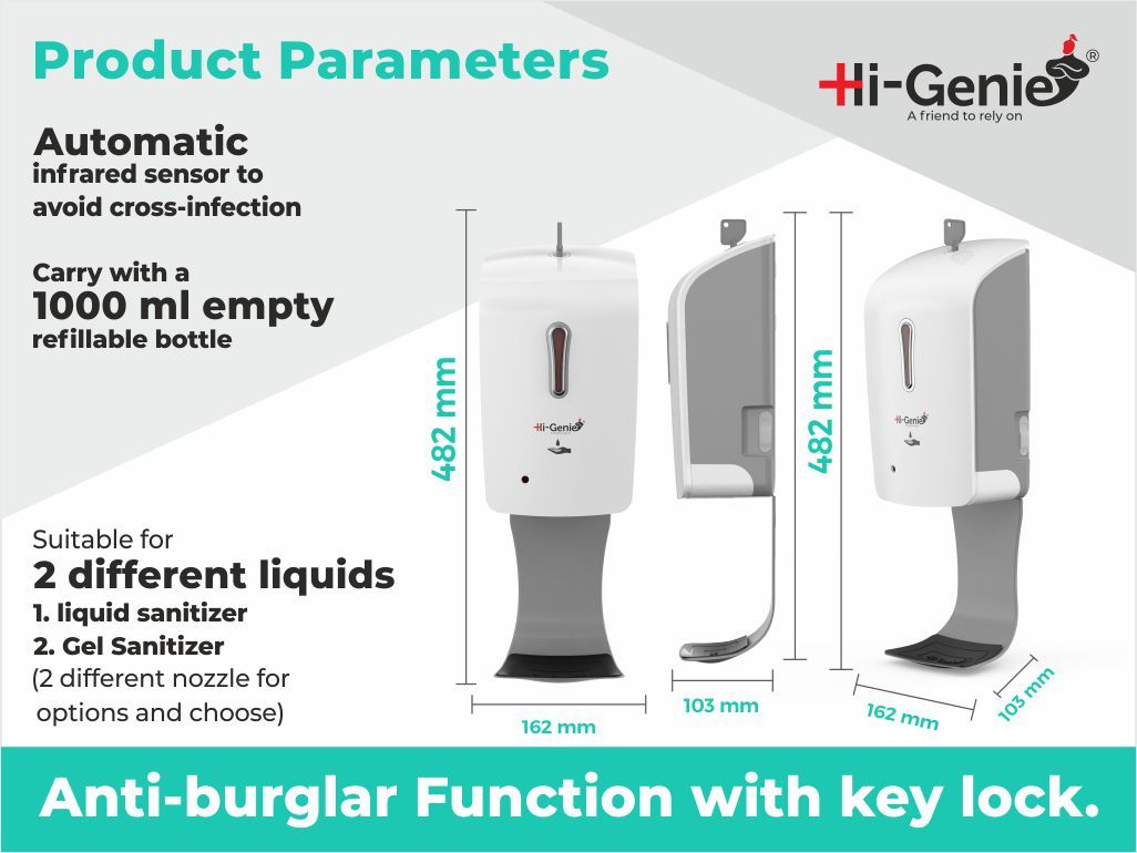 Bulge Touchless Automatic Sanitizer Dispenser - Abs/pom Material, 1000ml Capacity | Automatic Infrared Sensor Technology, Anti-burglar Key Lock, Wall Mounted Kit, White And Gray Color Combination