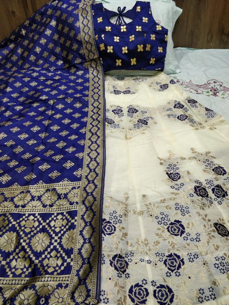 Banarasi Brocade Lehenga - 42" Length, Waist 40-42" , Multi-color, Ready Padded Blouse With Short Sleeves, Dry Cleanable, Washable, Plus Size Available