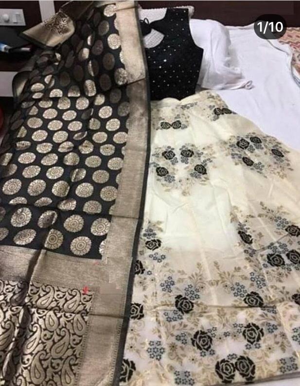 Banarasi Brocade Lehenga - 42" Length, Waist 40-42" , Multi-color, Ready Padded Blouse With Short Sleeves, Dry Cleanable, Washable, Plus Size Available