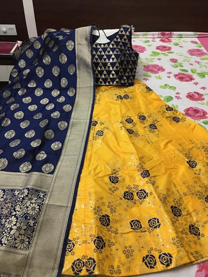Banarasi Brocade Lehenga - 42" Length, Waist 40-42" , Multi-color, Ready Padded Blouse With Short Sleeves, Dry Cleanable, Washable, Plus Size Available