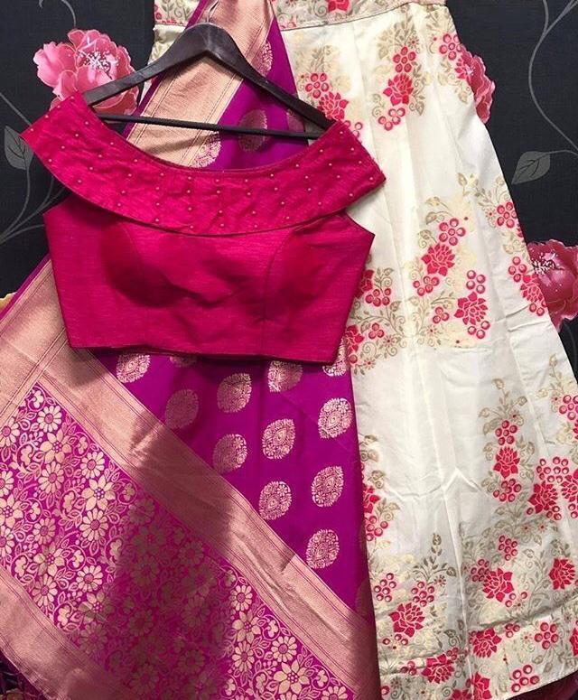 Banarasi Brocade Lehenga - 42" Length, Waist 40-42" , Multi-color, Ready Padded Blouse With Short Sleeves, Dry Cleanable, Washable, Plus Size Available