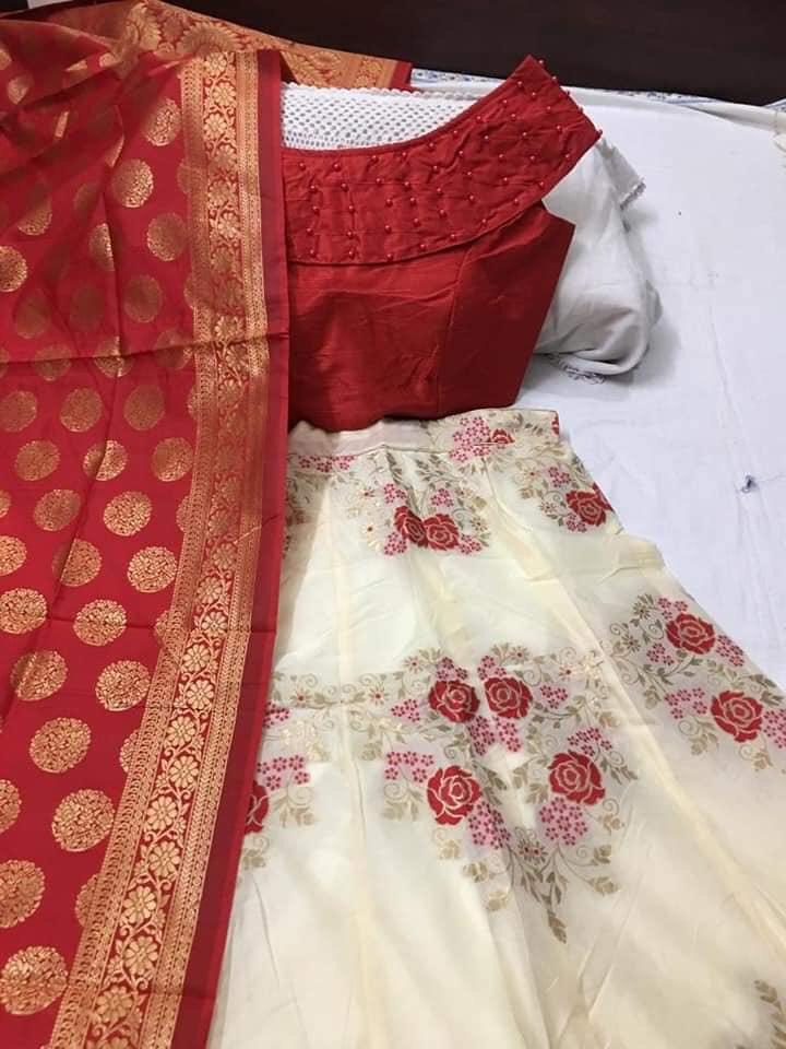 Banarasi Brocade Lehenga - 42" Length, Waist 40-42" , Multi-color, Ready Padded Blouse With Short Sleeves, Dry Cleanable, Washable, Plus Size Available