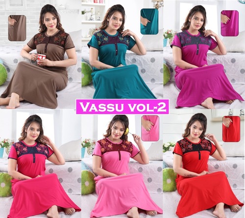 Vassu Vol-2 Nighty Gown - Silk, Size L, XXL, Embroidered Design with Short Sleeves | Quick Dry, Cool Dry, Washable, Ethnic Indian Style
