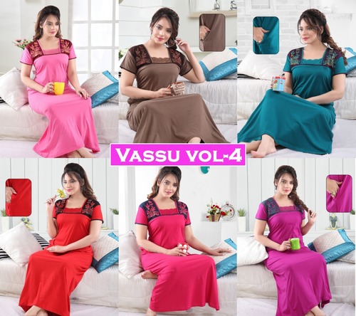Vassu Vol-4 Nighty Gown - Silk Sinker Hojiyari, Size L & XXL, Short Sleeves, Embroidered Pattern, All Season Wear | Dry Clean, Quick Dry, Washable