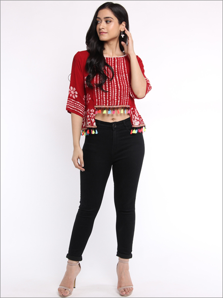 Batik Asymmetrical Top In Crepe - Red, Printed With Multi Tassel Details | Washable, Casual Style For Summer Wear, Women's Fashion