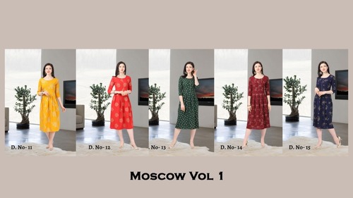Moscow Vol -1 Heavy American Crep Kurti - Fabric: Heavy American Crep, Sizes: S-XXL, Style: Ethnic & Casual, Features: Quick Dry & Washable, Sleeve: 3-4th