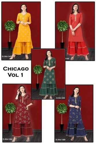 Chicago Vol -1 American Crep Printed Kurti With Sarara - Heavy American Crep, Sizes S-xxl, 3-4th Sleeve, Washable, Cool Dry, Modern Casual Style | Custom Logo, Suitable For Rainy & Summer Seasons