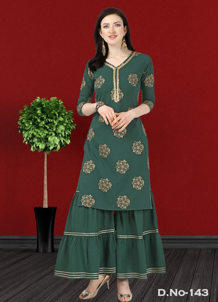 Chicago Vol -1 American Crep Printed Kurti With Sarara - Heavy American Crep, Sizes S-xxl, 3-4th Sleeve, Washable, Cool Dry, Modern Casual Style | Custom Logo, Suitable For Rainy & Summer Seasons