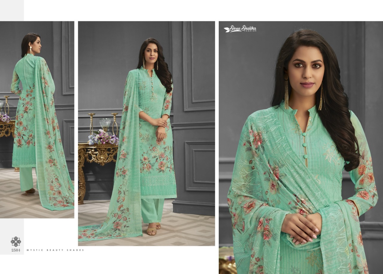 Shalika Vol 62 - Pure Georgette Top With Heavy Santoon Bottom And Inner, Chiffon Dupatta With Aari Work Digital Print | Quick Dry, Hand Wash, All Season Wear