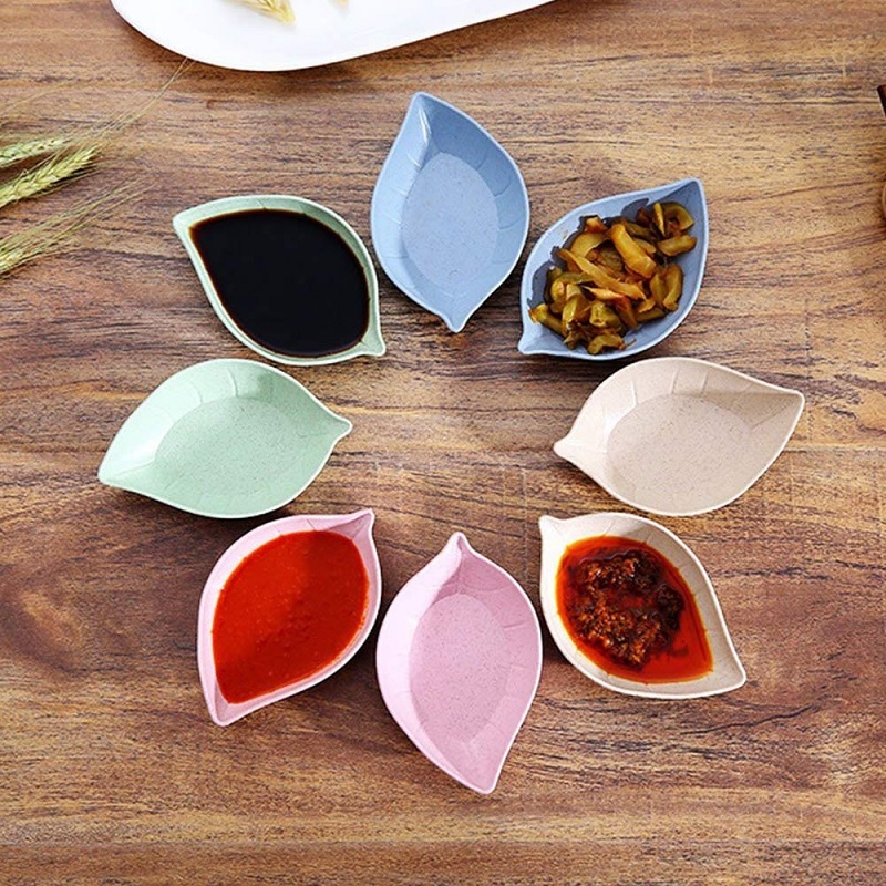 Leaf Shape Chutney Plate (Pack Of 4) - Wheat Straw, 11 X 7 X 2.5 Cm | Durable Material, Random Shade, Ideal For Kitchen Usage