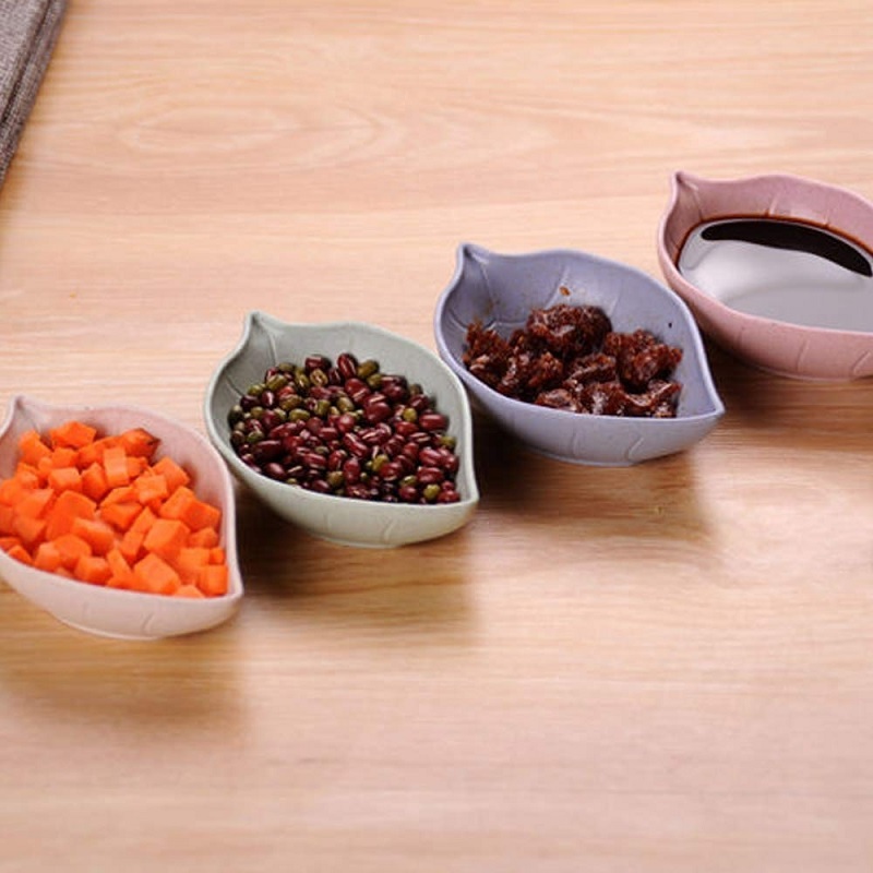 Leaf Shape Chutney Plate (Pack Of 4) - Wheat Straw, 11 X 7 X 2.5 Cm | Durable Material, Random Shade, Ideal For Kitchen Usage